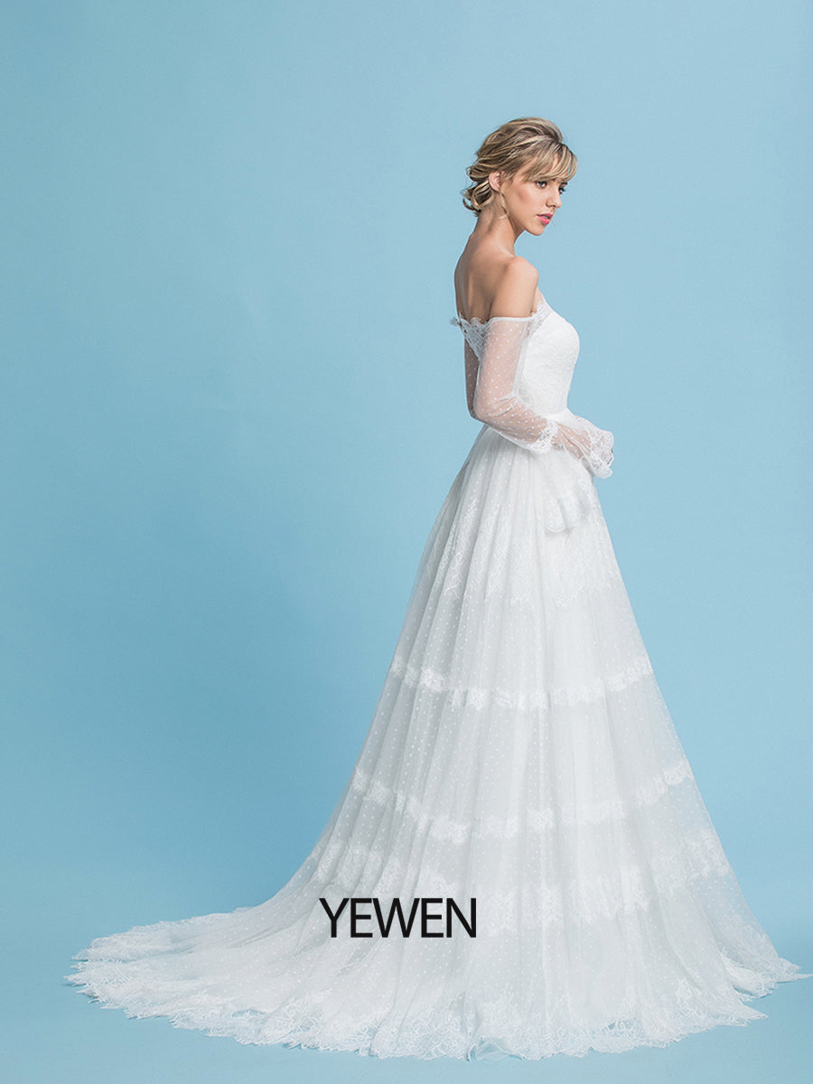 Off the Shoulder Romantisches Bohemian Brautkleid Lange Ärmel Strandhochzeit Brautkleid 