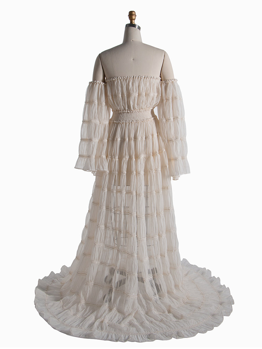 Cream Chiffon,  Long Sleeves Bohemian Beach Photo Shoot Dress 
