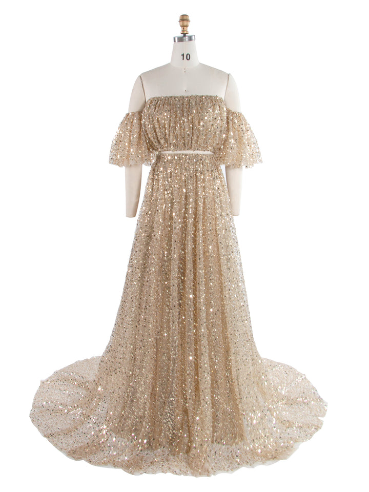 2-teiliges Set, goldene Pailletten mit Perlen, Boho-Umstandskleid für Fotoshooting, Schwangerschaftsfotografie, Babyparty-Kleid, YW243162 