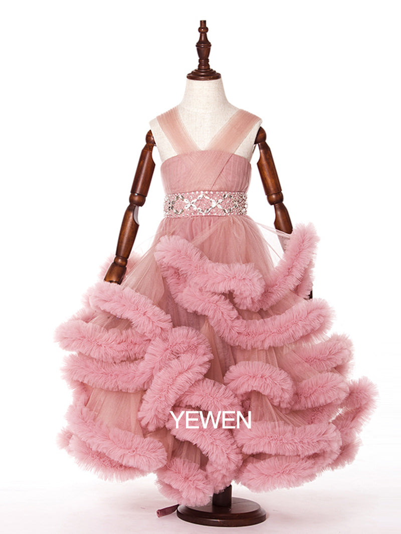 Ärmelloses Blumenmädchenkleid mit V-Ausschnitt und Rüschen