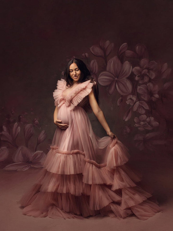 Ärmelloses Maxi-Umstandskleid für Babyparty, plissiertes rückenfreies Tüllkleid, Fotoshooting-Kleid 