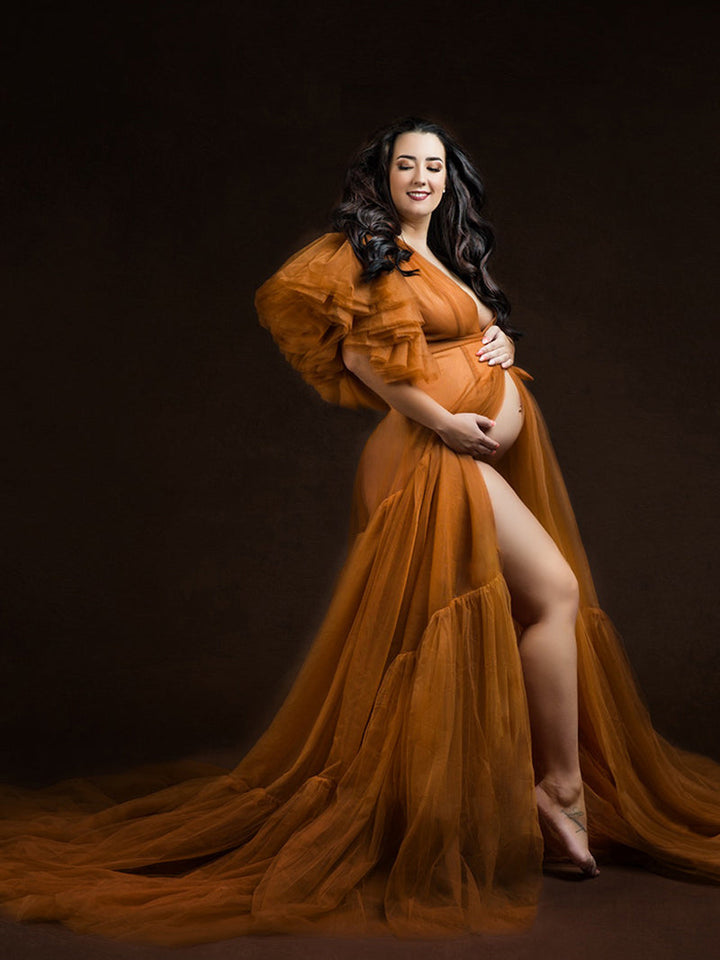 Plissiertes Umstandskleid mit V-Ausschnitt und Schleife, kurzärmelig, für Fotoshootings