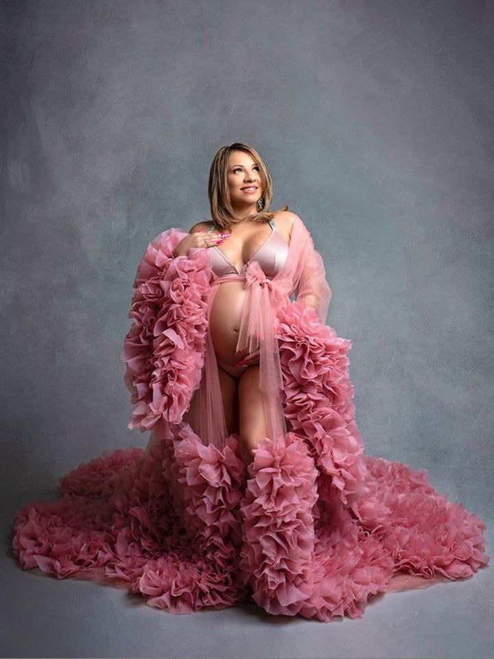 Schleife V-Ausschnitt Organza Plissee Rüschen Langarm Umstandskleid Fotoshooting Babyparty 