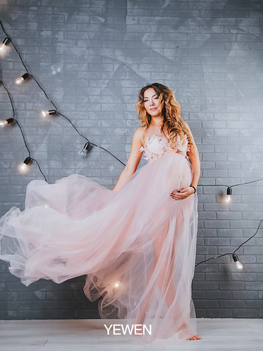 Rosa Blumenkleid aus weichem Tüll für Fotoshootings, Rundhalsausschnitt, rückenfreies Maxikleid aus Tüll, YW230330 