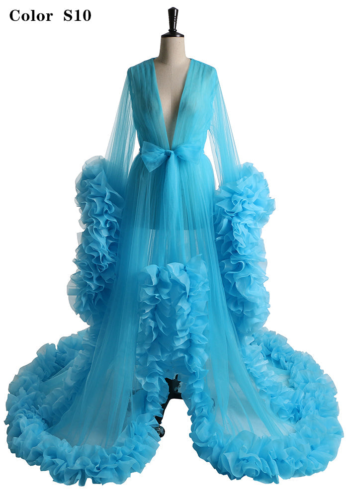 Sexy Abendkleid Langarm Damen V-Ausschnitt Rüschen Ballkleid