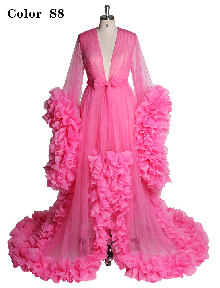 Sexy Abendkleid Langarm Damen V-Ausschnitt Rüschen Ballkleid