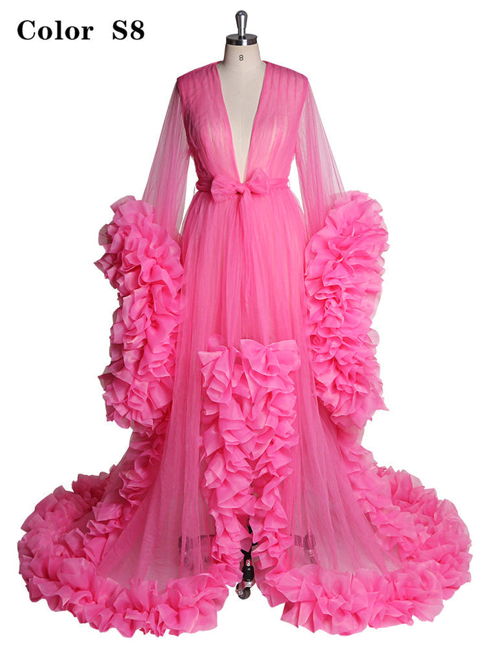 Sexy Abendkleid Langarm Damen V-Ausschnitt Rüschen Ballkleid