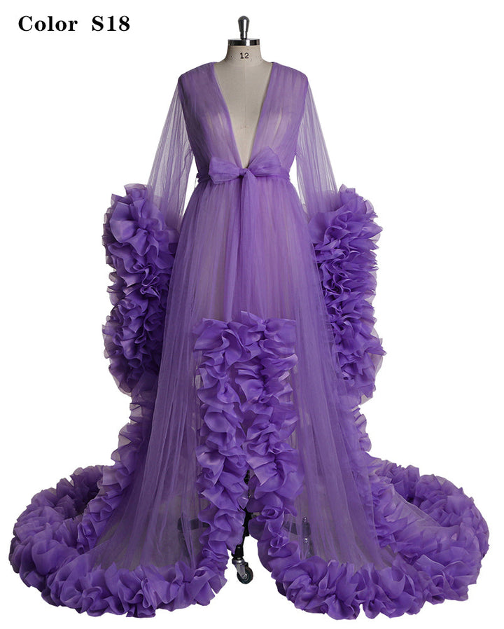 Sexy Abendkleid Langarm Damen V-Ausschnitt Rüschen Ballkleid