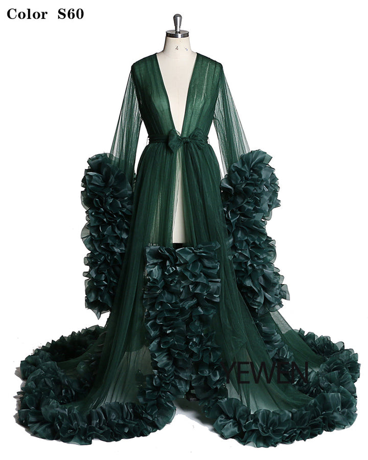 Sexy Abendkleid Langarm Damen V-Ausschnitt Rüschen Ballkleid