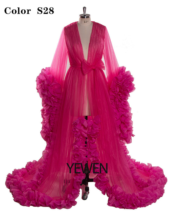 Sexy Abendkleid Langarm Damen V-Ausschnitt Rüschen Ballkleid
