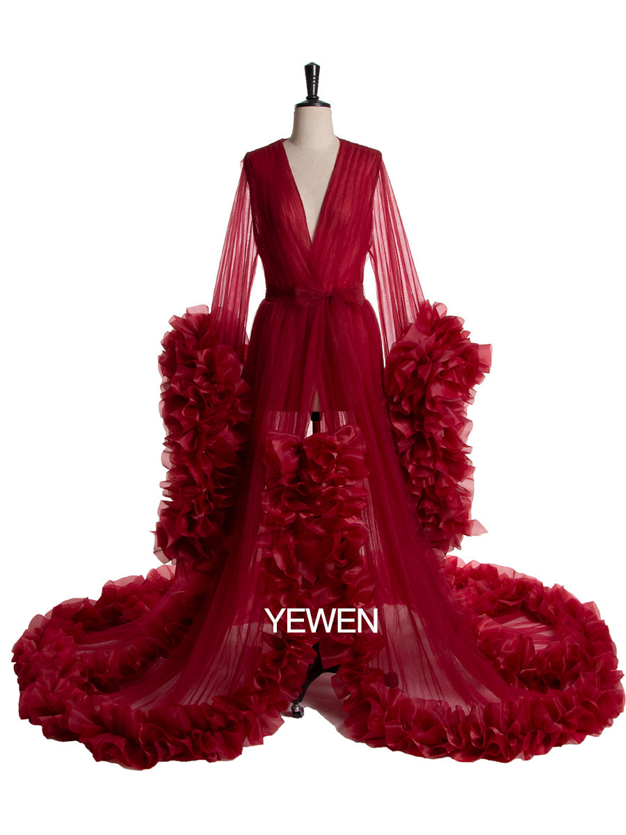 Sexy Abendkleid Langarm Damen V-Ausschnitt Rüschen Ballkleid