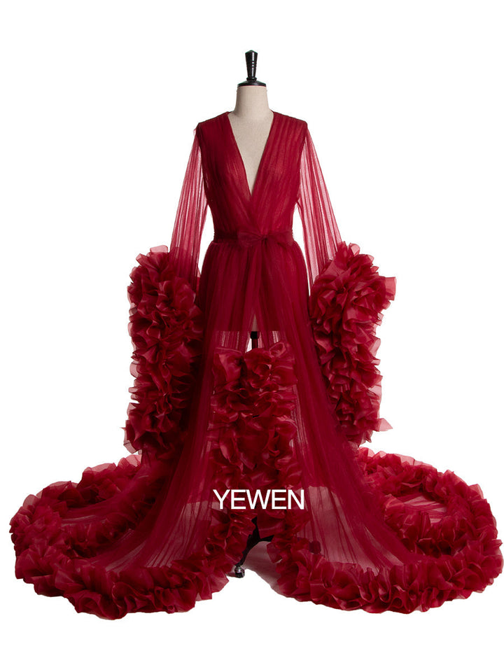 Sexy Abendkleid Langarm Damen V-Ausschnitt Rüschen Ballkleid