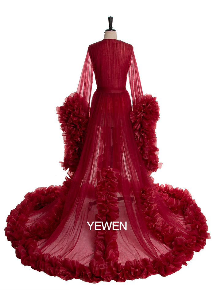 Sexy Abendkleid Langarm Damen V-Ausschnitt Rüschen Ballkleid