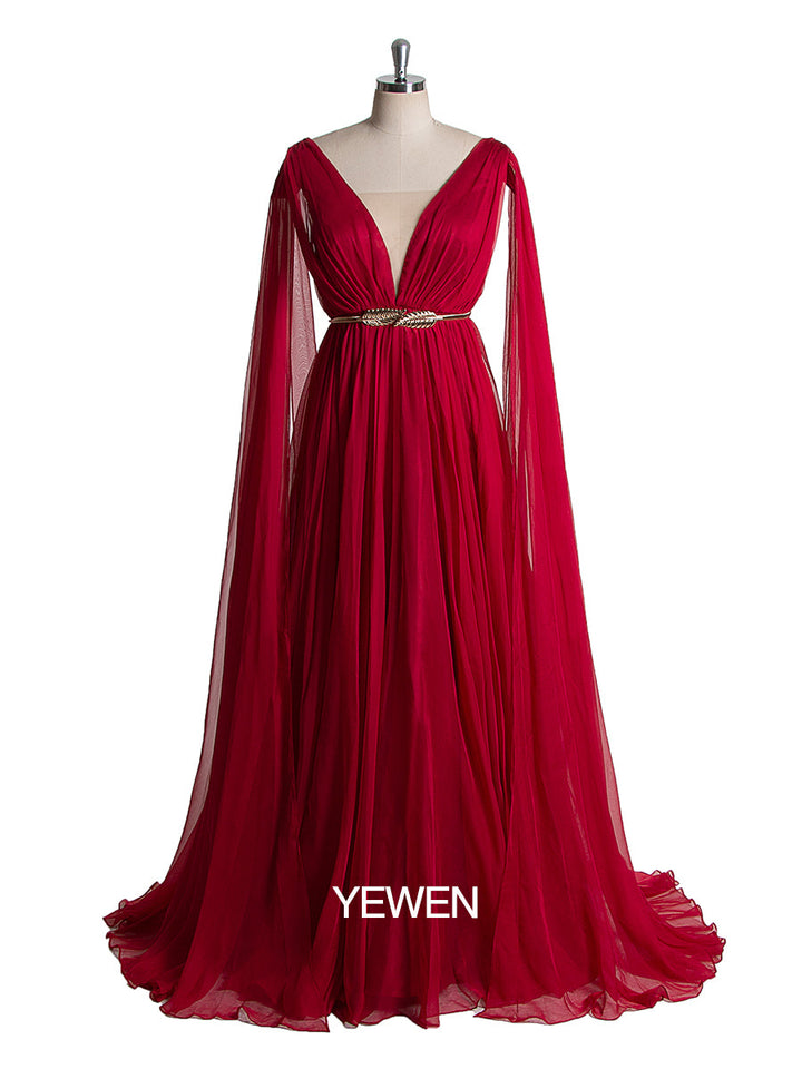 Elegantes Chiffon-Partykleid für Damen mit V-Ausschnitt und Cape-Ärmeln 