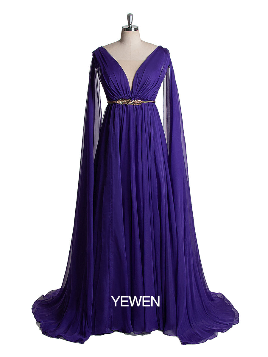 Elegantes Chiffon-Partykleid für Damen mit V-Ausschnitt und Cape-Ärmeln 