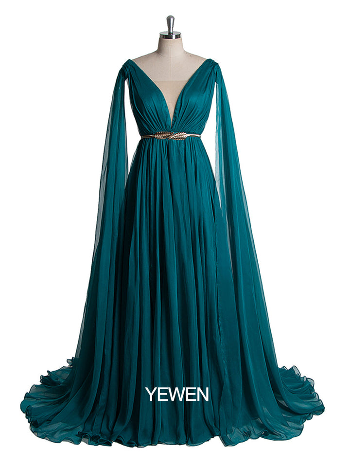 Elegantes Chiffon-Partykleid für Damen mit V-Ausschnitt und Cape-Ärmeln 