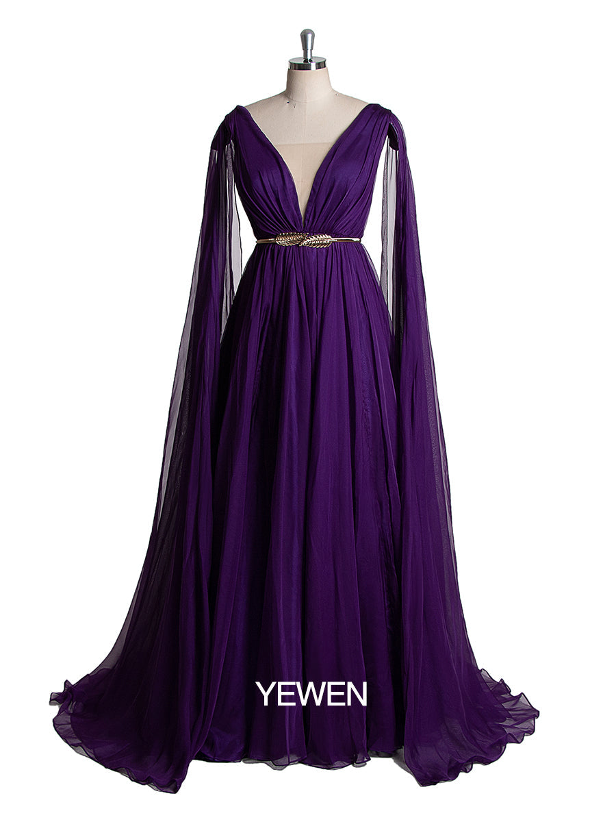 Elegantes Chiffon-Partykleid für Damen mit V-Ausschnitt und Cape-Ärmeln 