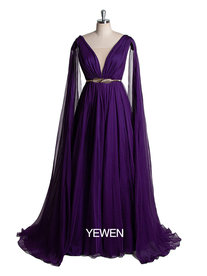 Elegantes Chiffon-Partykleid für Damen mit V-Ausschnitt und Cape-Ärmeln 