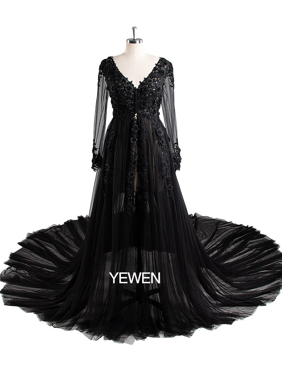 Sexy V-Ausschnitt Spitze Langarm Umstandskleid Brautkleid 
