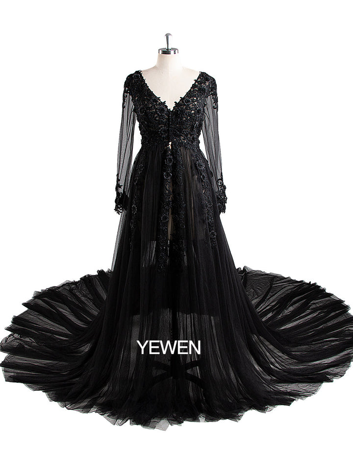 Sexy V-Ausschnitt Spitze Langarm Umstandskleid Brautkleid 