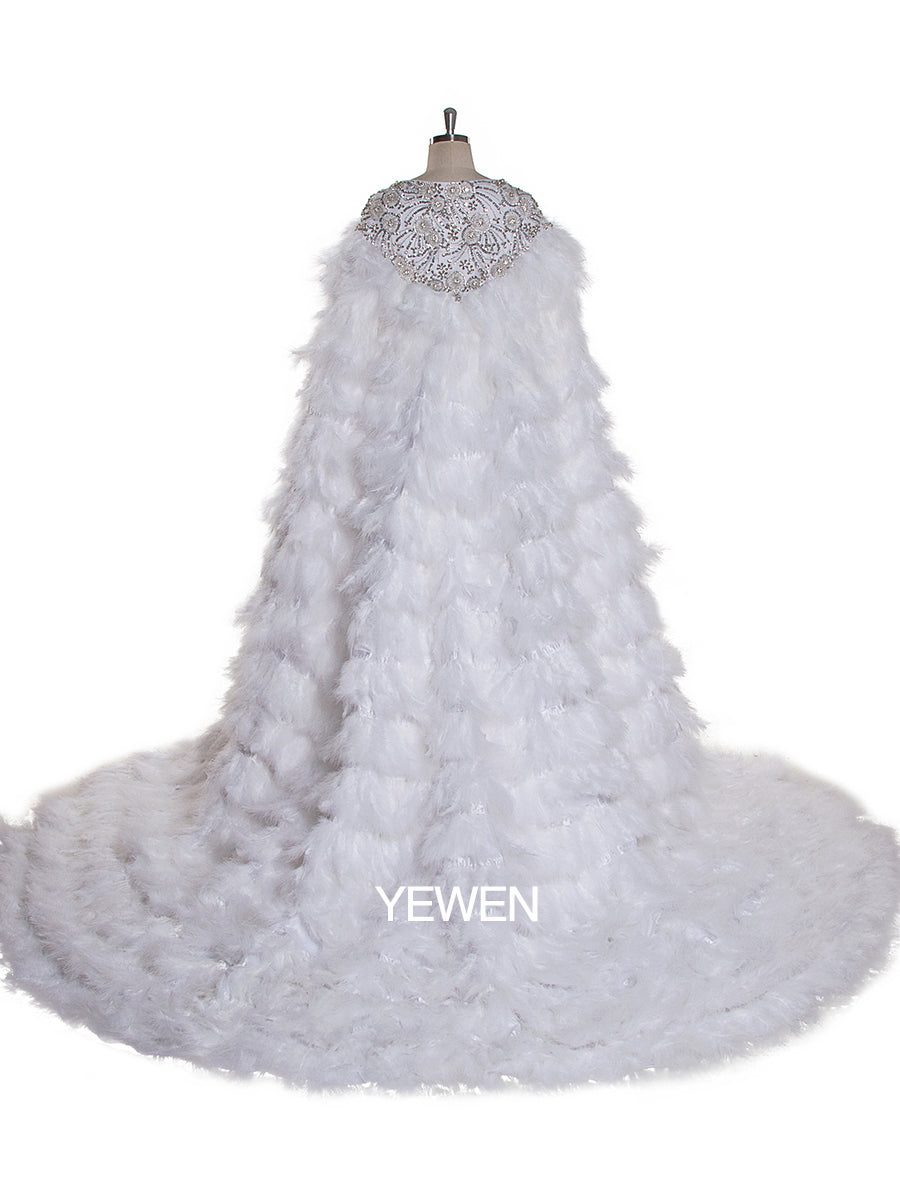 Vintage Luxus Weiß Feder Cape Perlen Feder Hochzeit Cape Abendkleid 