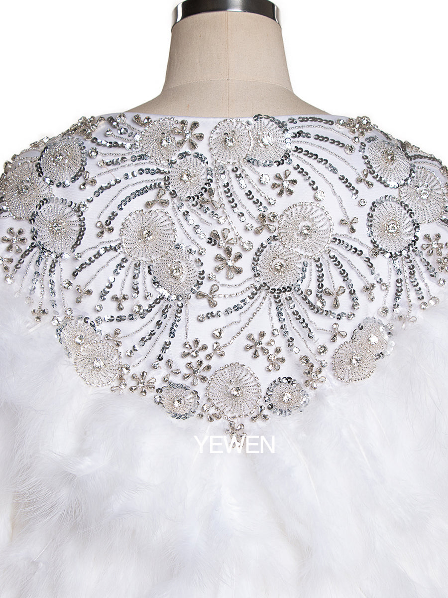 Vintage Luxus Weiß Feder Cape Perlen Feder Hochzeit Cape Abendkleid 