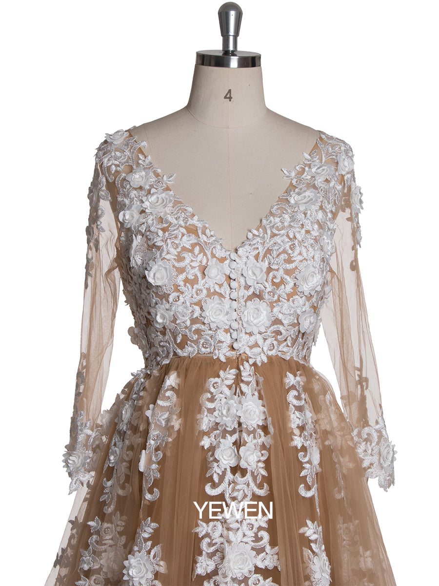 Sexy V-Ausschnitt Spitze Langarm Umstandskleid Brautkleid 