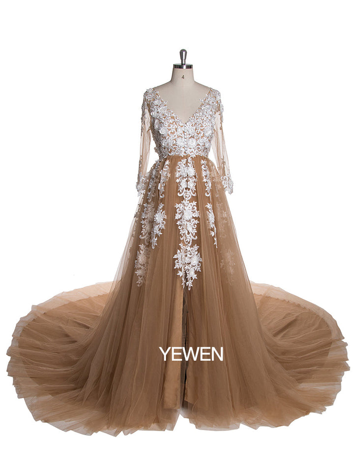 Sexy V-Ausschnitt Spitze Langarm Umstandskleid Brautkleid 