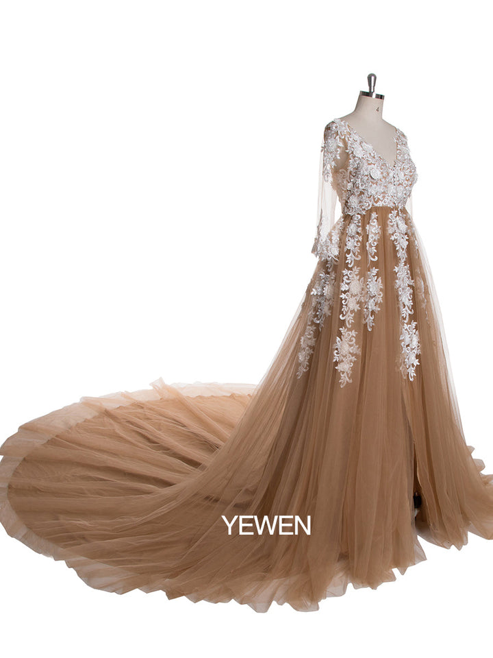 Sexy V-Ausschnitt Spitze Langarm Umstandskleid Brautkleid 