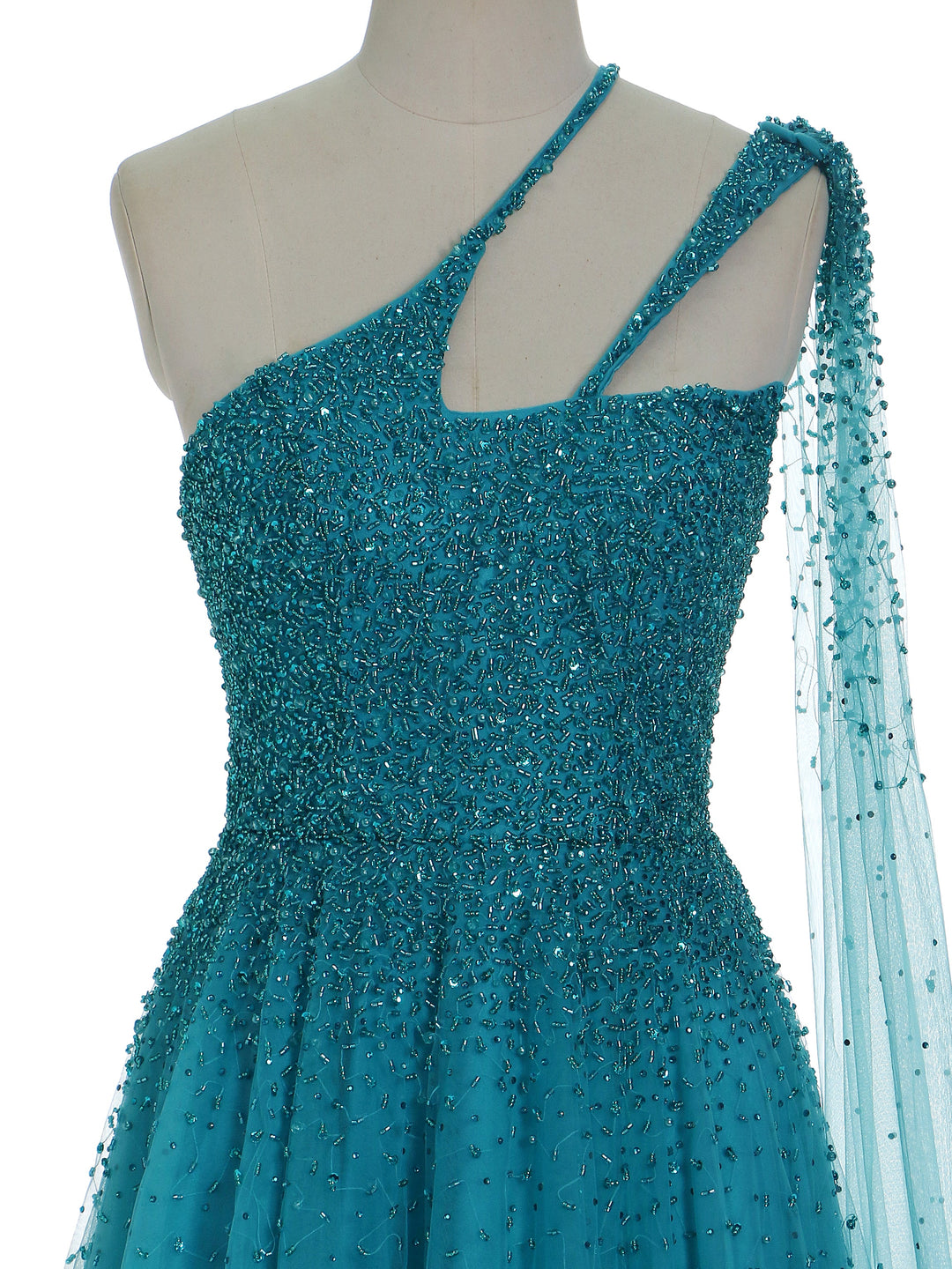 A Line , Asymmetrical Neckline,  Sweep Train , Peacock Blue Evening Dresses , Special Occasions Gown
