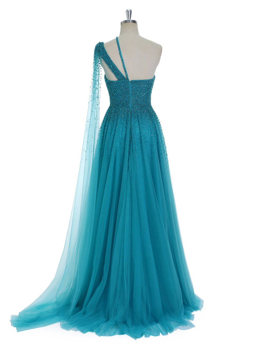 A Line , Asymmetrical Neckline,  Sweep Train , Peacock Blue Evening Dresses , Special Occasions Gown