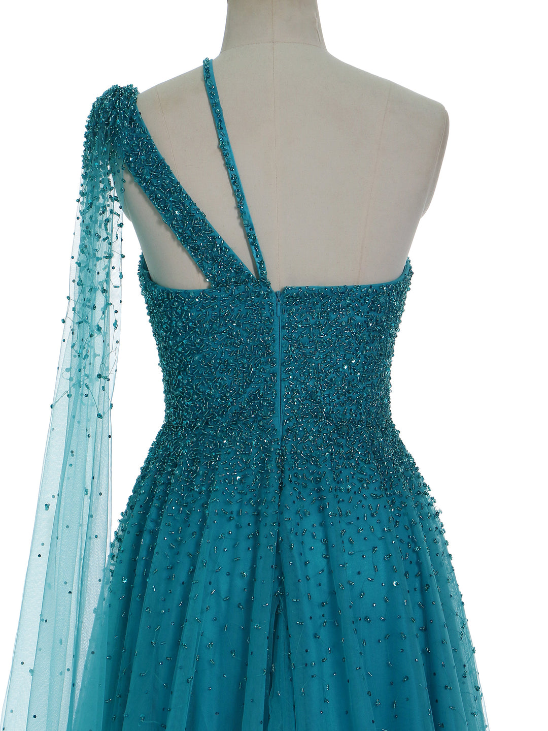 A Line , Asymmetrical Neckline,  Sweep Train , Peacock Blue Evening Dresses , Special Occasions Gown