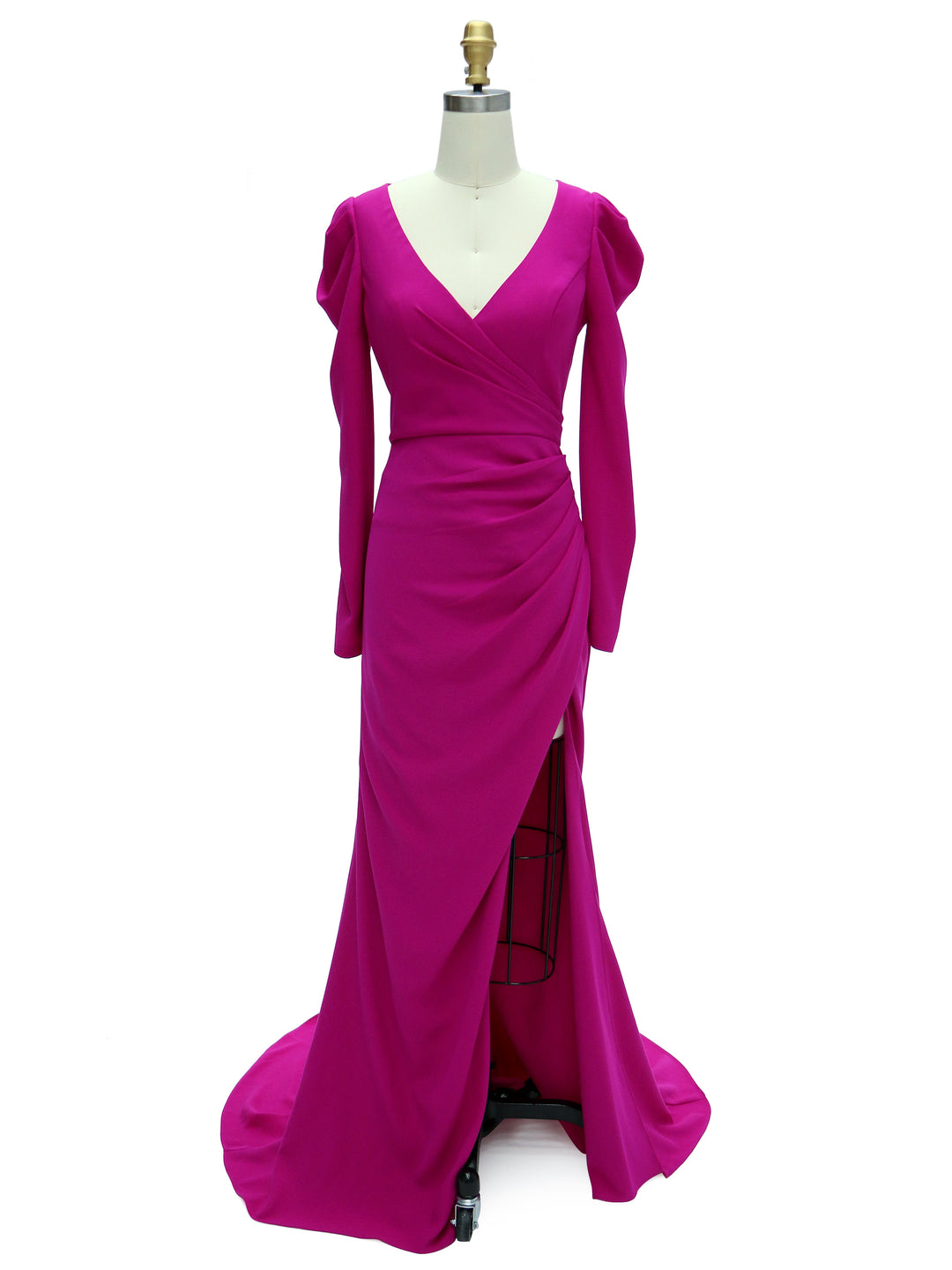 Slim Fit , V Neck,  Magenta Satin,  Prom Dresses , High Split 