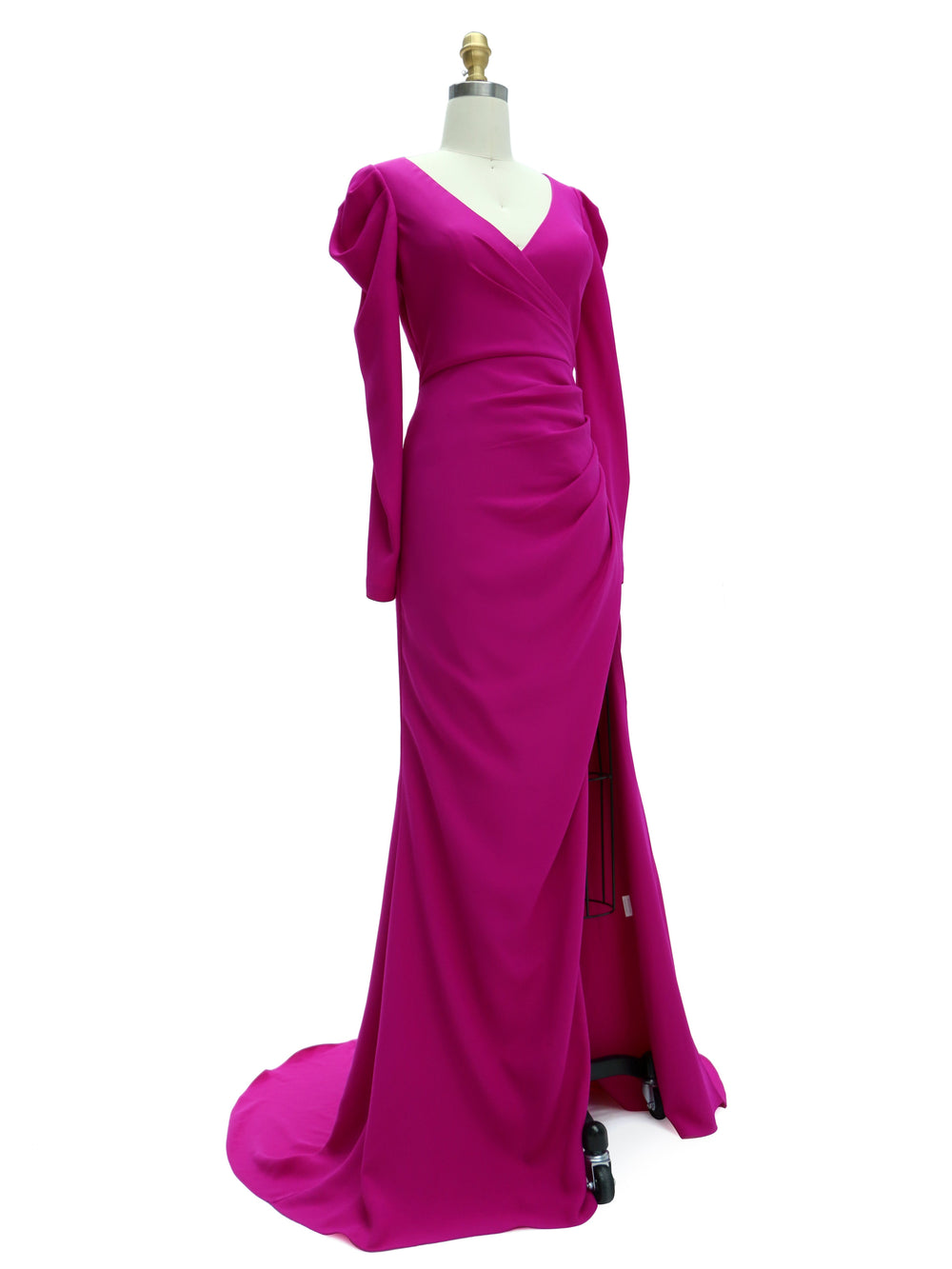 Slim Fit , V Neck,  Magenta Satin,  Prom Dresses , High Split 