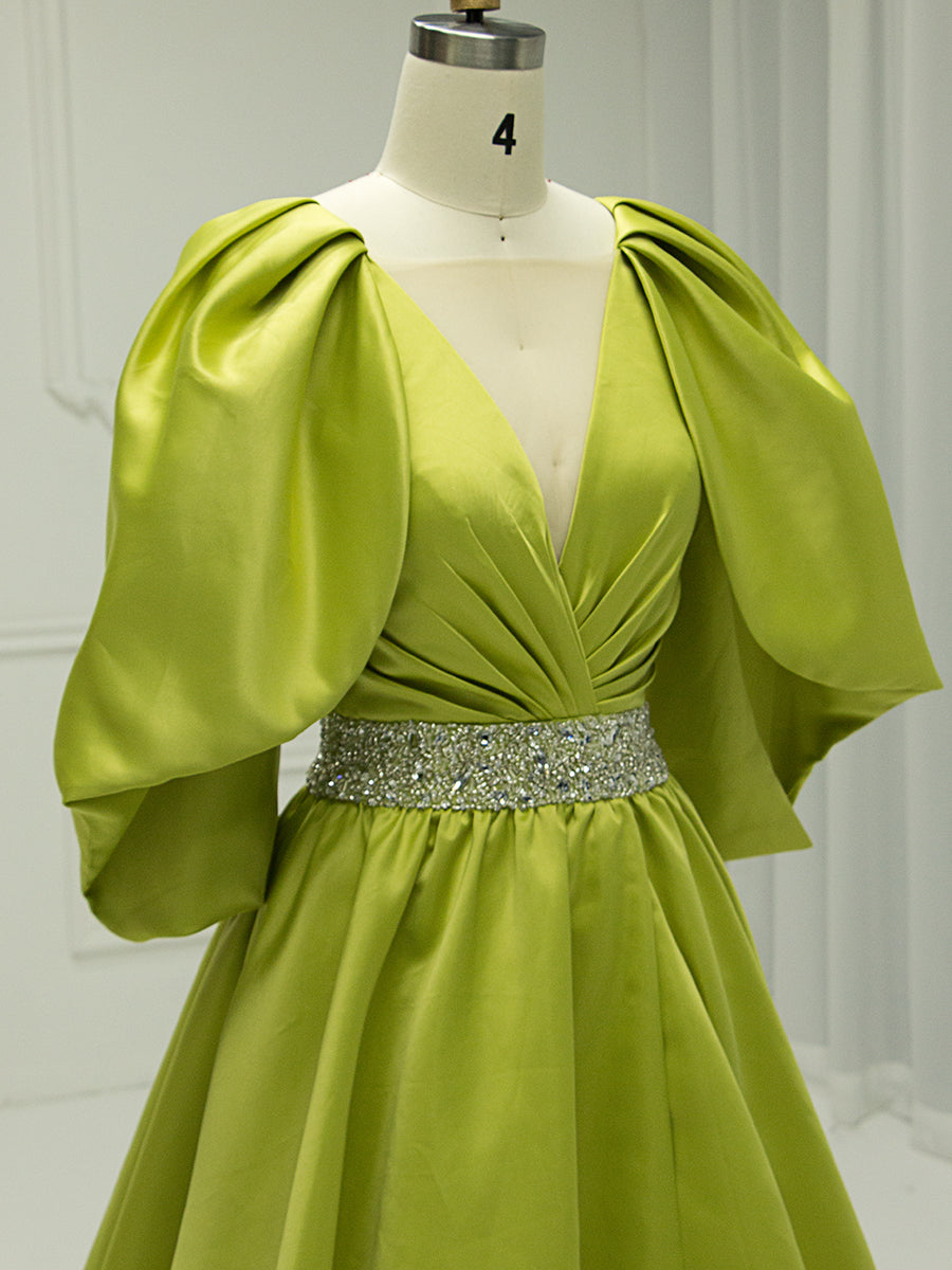 A-line, V-Neck,  Half Sleeves , Fluorescent Green Satin, Prom Dresses 