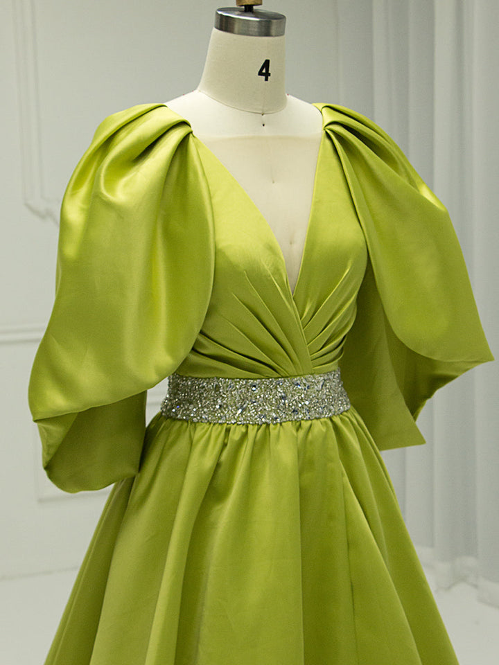A-line, V-Neck,  Half Sleeves , Fluorescent Green Satin, Prom Dresses 