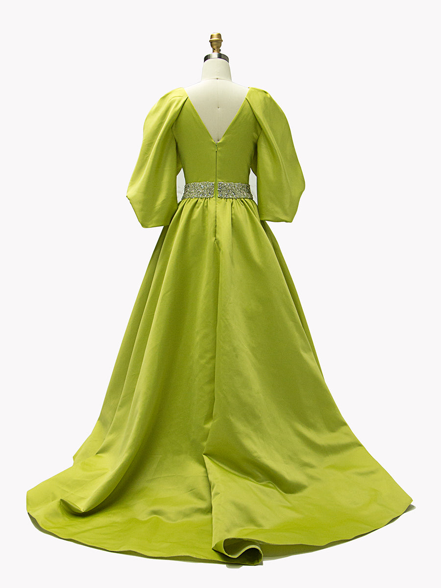 A-line, V-Neck,  Half Sleeves , Fluorescent Green Satin, Prom Dresses 