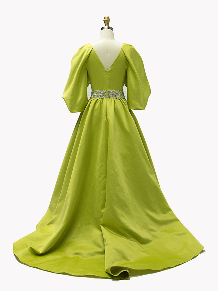 A-line, V-Neck,  Half Sleeves , Fluorescent Green Satin, Prom Dresses 
