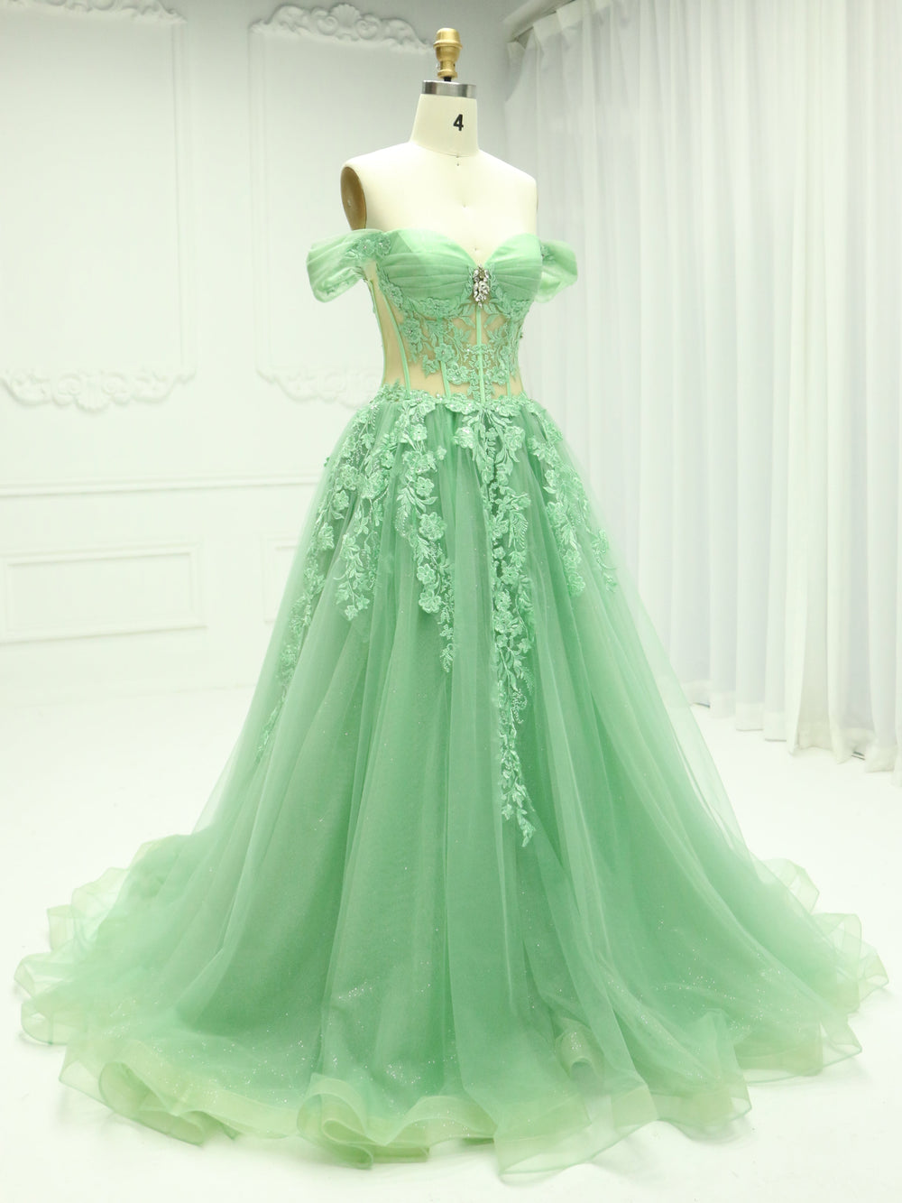 A Line , Sage Green,  Off-Shoulder,  Prom Dress with Emboidery Lace, Custom Colors