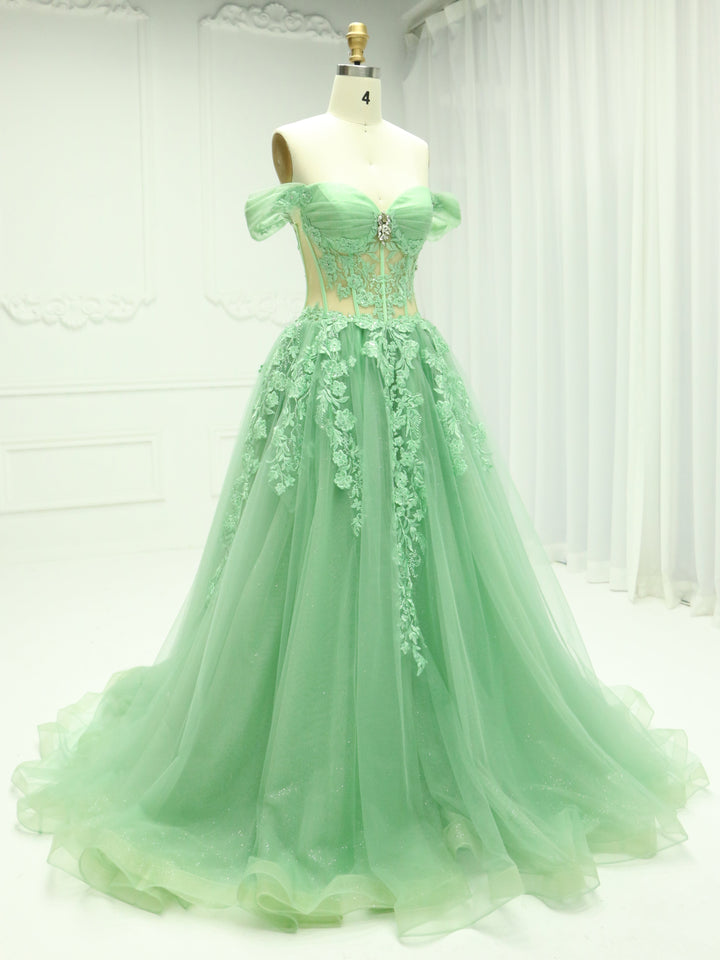 A Line , Sage Green,  Off-Shoulder,  Prom Dress with Emboidery Lace, Custom Colors