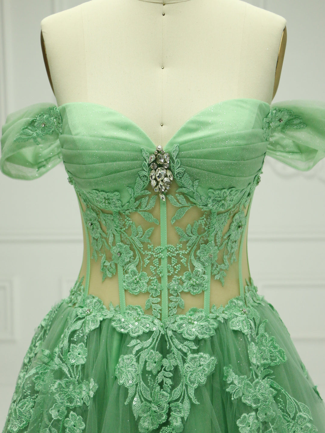 A Line , Sage Green,  Off-Shoulder,  Prom Dress with Emboidery Lace, Custom Colors