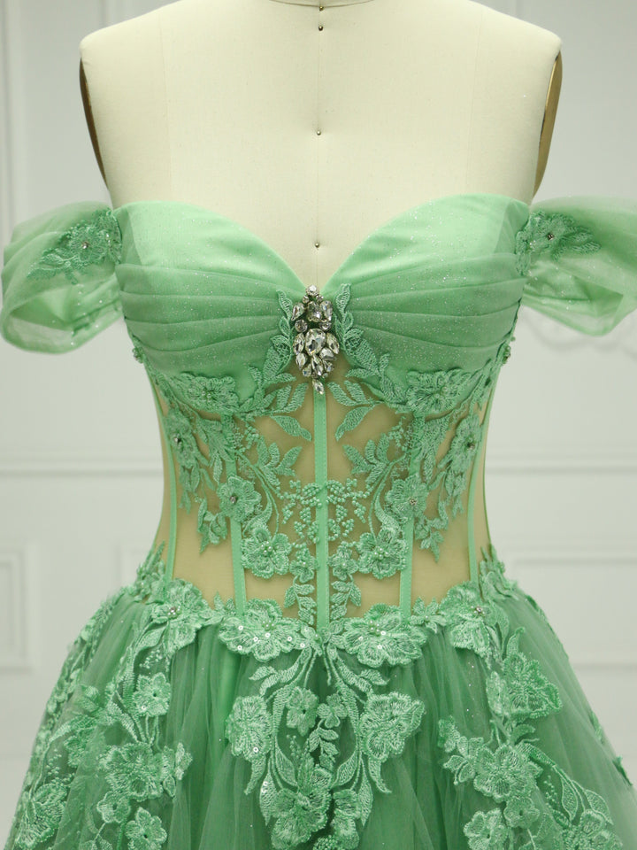 A Line , Sage Green,  Off-Shoulder,  Prom Dress with Emboidery Lace, Custom Colors