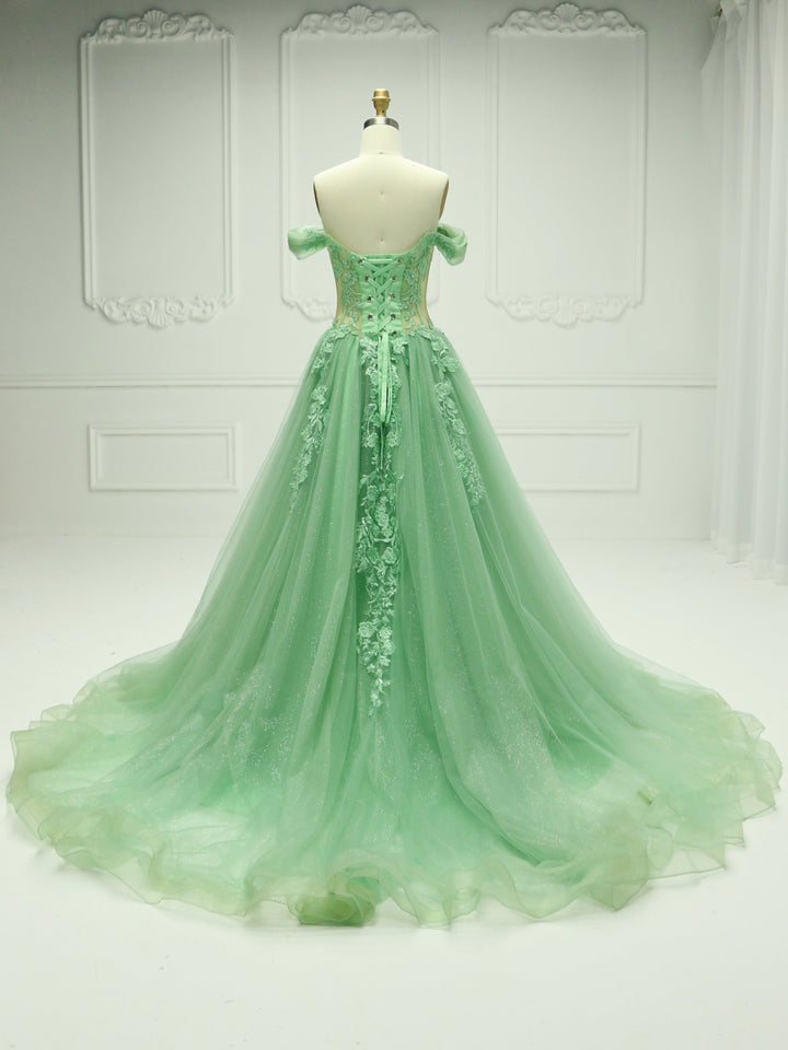 A Line , Sage Green,  Off-Shoulder,  Prom Dress with Emboidery Lace, Custom Colors
