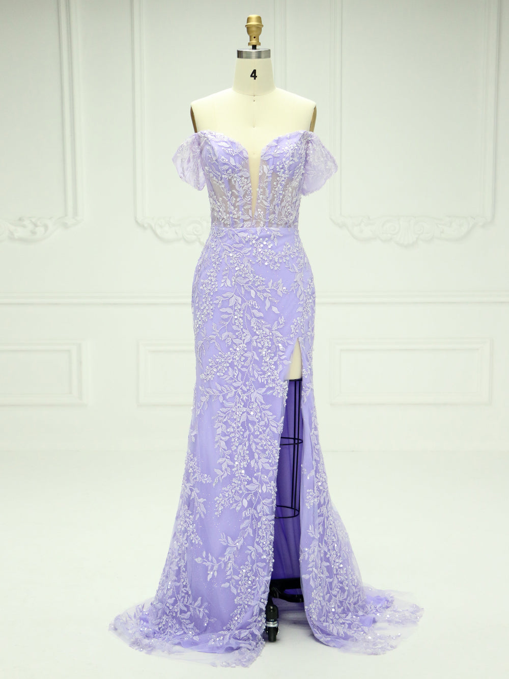 Elegant, Off The Shoulder,  Embroidery Lace?, tulle Lilac,  Prom Gown with Detachable Train