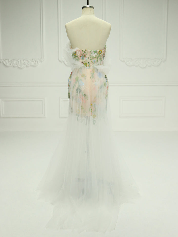 Trumpet/Mermaid Strapless, Tulle Prom Dresses with Embroidery Lace