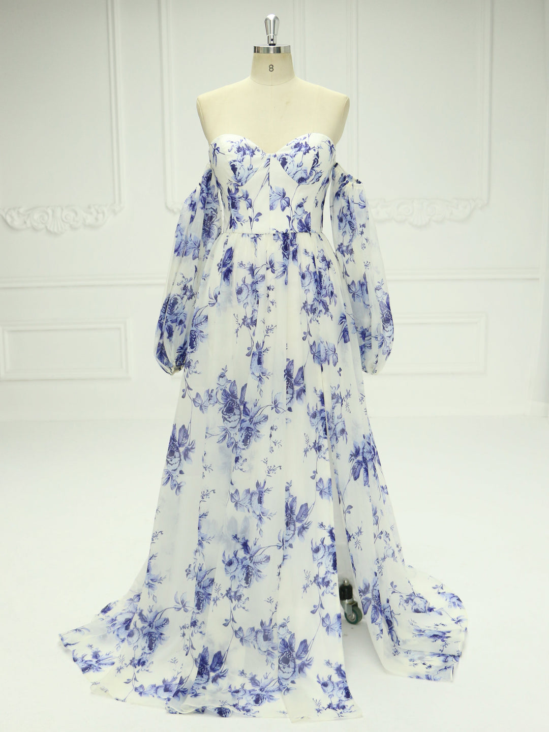 Off-Shoulder-Langarm-Ballkleid mit blauem Aufdruck YE2535 