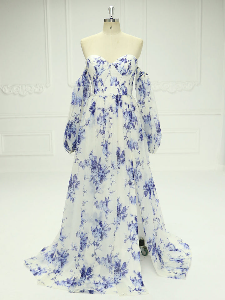 Off-Shoulder-Langarm-Ballkleid mit blauem Aufdruck YE2535 