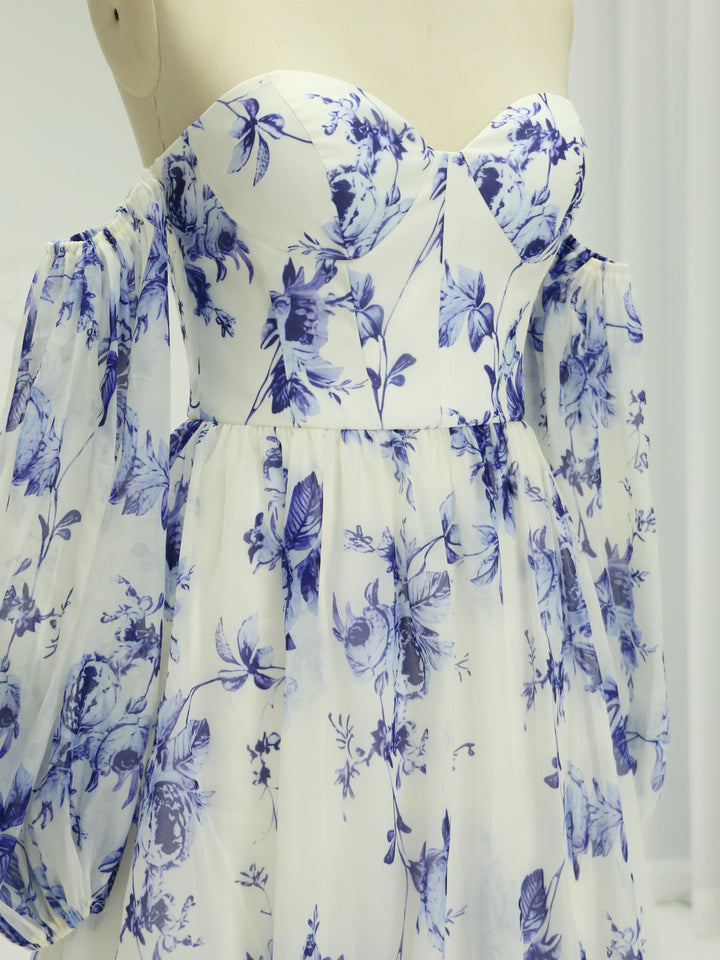 Off-Shoulder-Langarm-Ballkleid mit blauem Aufdruck YE2535 