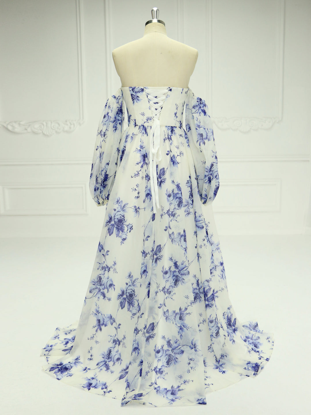 Off-Shoulder-Langarm-Ballkleid mit blauem Aufdruck YE2535 