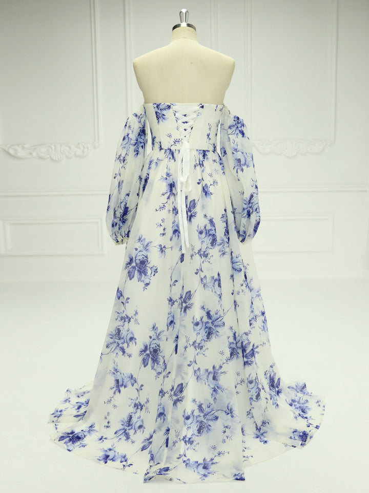 Off-Shoulder-Langarm-Ballkleid mit blauem Aufdruck YE2535 